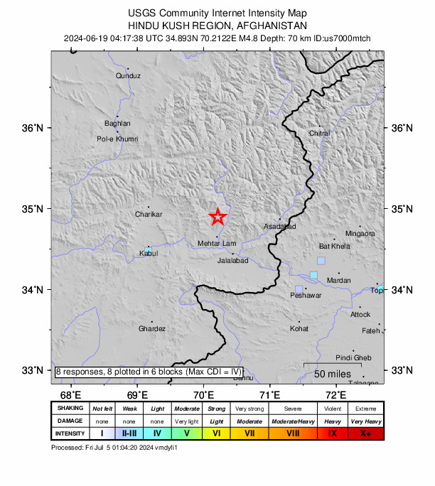 USGS DYFI community-reported intensity map for the M4.8 earthquake near 24 km N of Mehtar Lām, Afghanistan