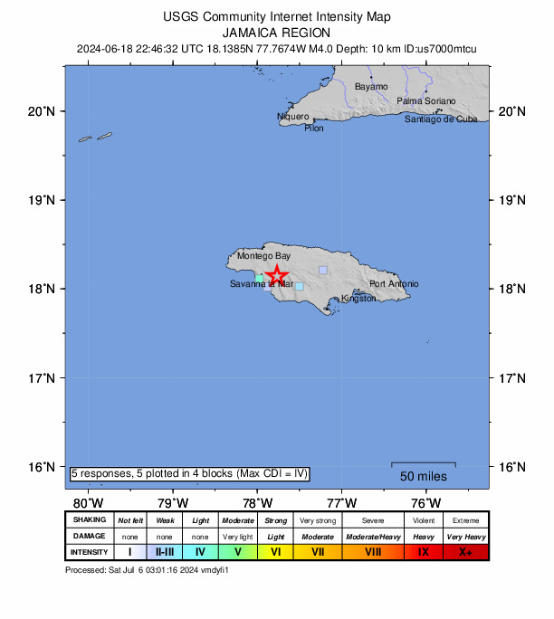 USGS DYFI community-reported intensity map for the M4.0 earthquake near 2 km S of Maggotty, Jamaica