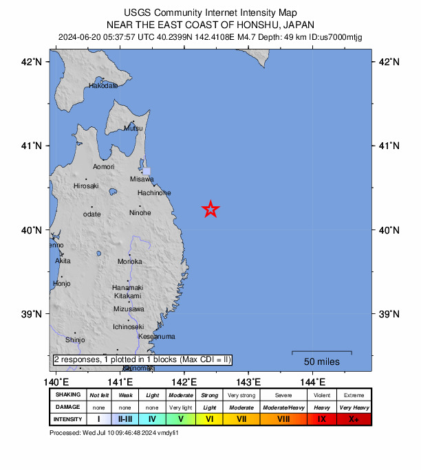 USGS DYFI community-reported intensity map for the M4.7 earthquake near 52 km ENE of Noda, Japan