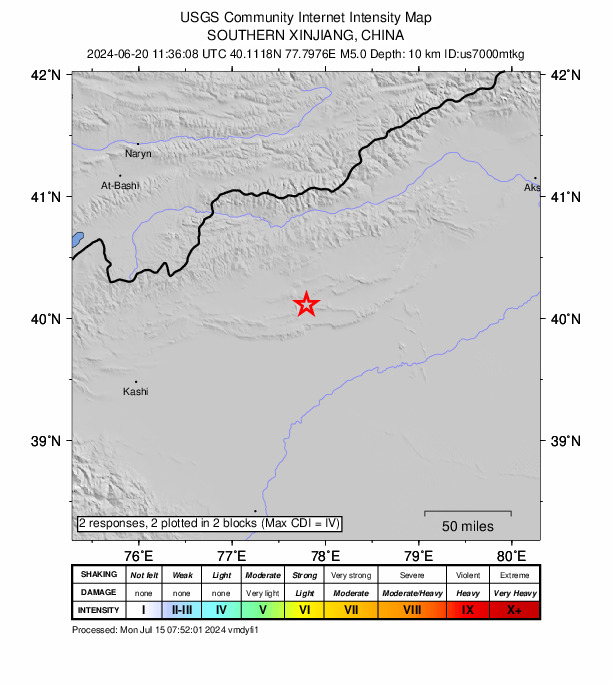 USGS DYFI community-reported intensity map for the M5.0 earthquake near 111 km WNW of Tumxuk, China