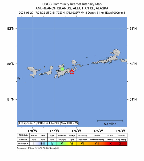 USGS DYFI community-reported intensity map for the M4.6 earthquake near 35 km ESE of Adak, Alaska