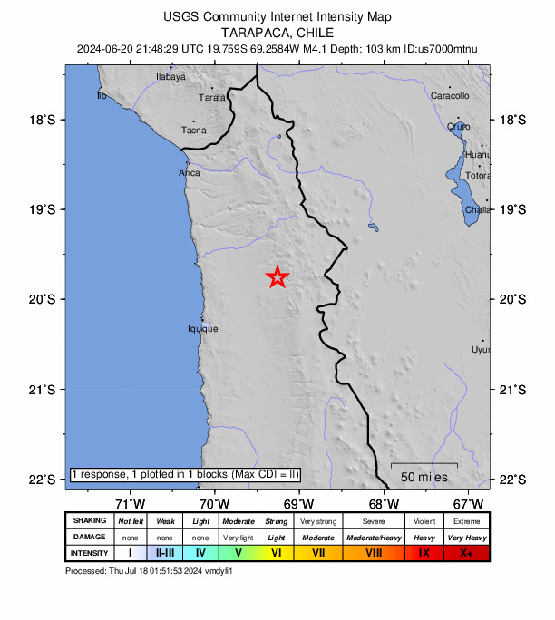 USGS DYFI community-reported intensity map for the M4.1 earthquake near 52 km SSE of Camiña, Chile