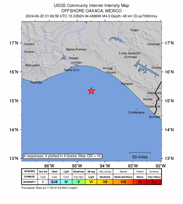 USGS DYFI community-reported intensity map for the M4.9 earthquake near 97 km SSW of La Gloria, Mexico