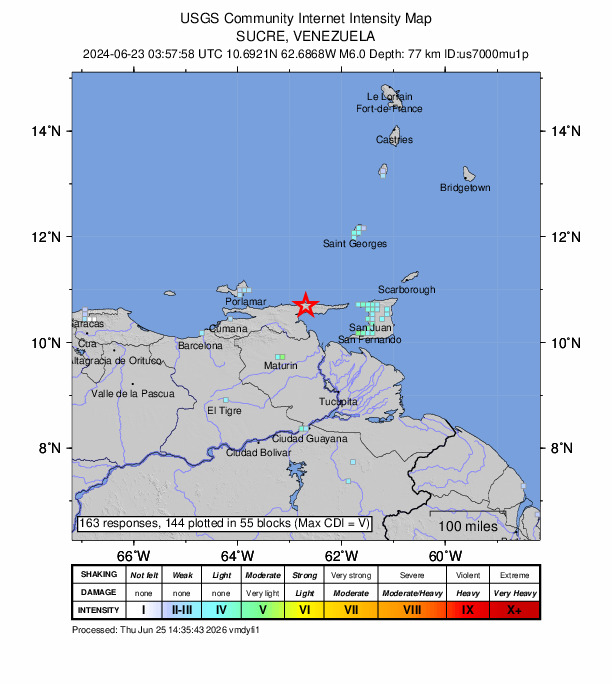USGS DYFI community-reported intensity map for the M6.0 earthquake near 20 km NE of Yaguaraparo, Venezuela