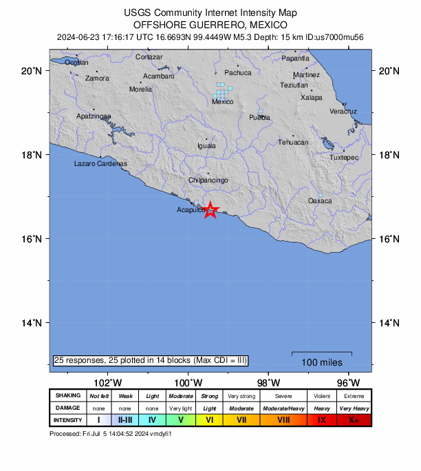 USGS DYFI community-reported intensity map for the M5.3 earthquake near 12 km SE of Llano de la Puerta, Mexico