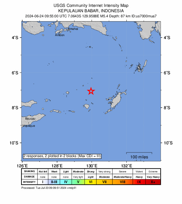USGS DYFI community-reported intensity map for the M5.4 earthquake near Kepulauan Babar, Indonesia