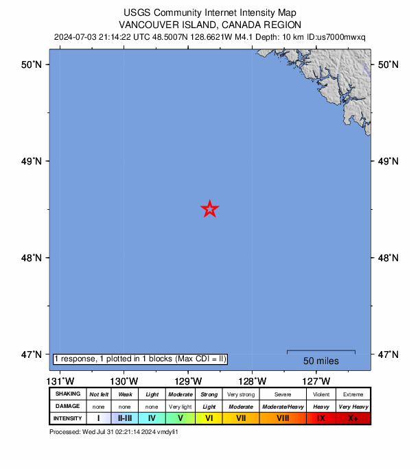 USGS DYFI community-reported intensity map for the M4.1 earthquake near 214 km WSW of Tofino, Canada