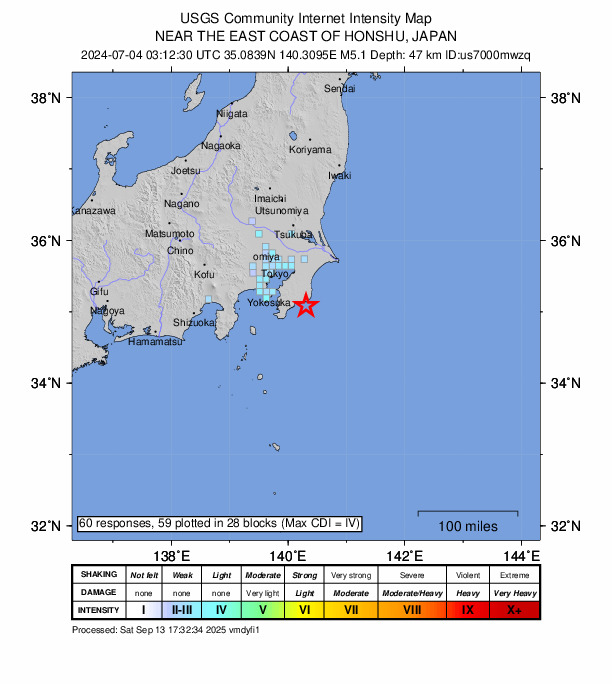 USGS DYFI community-reported intensity map for the M5.1 earthquake near 6 km S of Katsuura, Japan