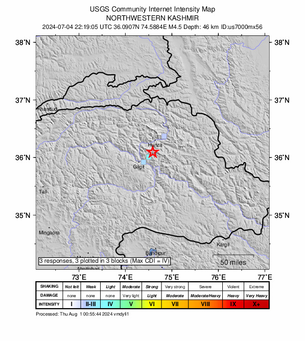 USGS DYFI community-reported intensity map for the M4.5 earthquake near 27 km SSW of Barishal, Pakistan