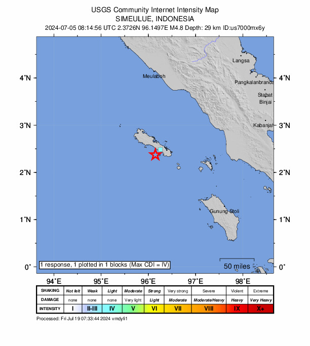 USGS DYFI community-reported intensity map for the M4.8 earthquake near 28 km WSW of Sinabang, Indonesia
