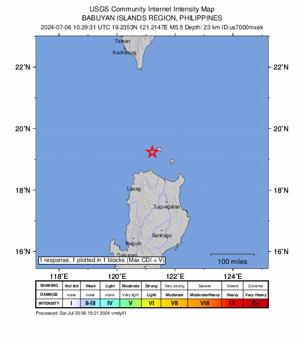 USGS DYFI community-reported intensity map for the M5.5 earthquake near 70 km N of Namuac, Philippines