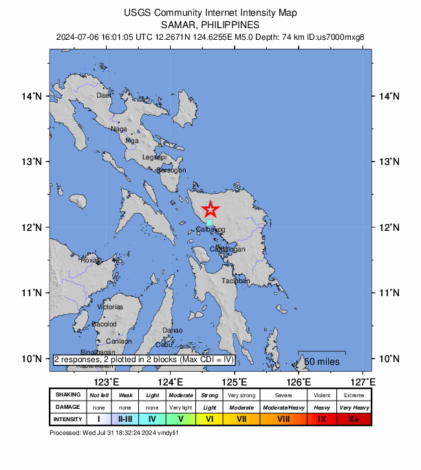 USGS DYFI community-reported intensity map for the M5.0 earthquake near 3 km S of Lope de Vega, Philippines