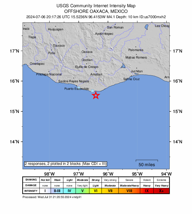 USGS DYFI community-reported intensity map for the M4.1 earthquake near 17 km S of Puerto Ángel, Mexico