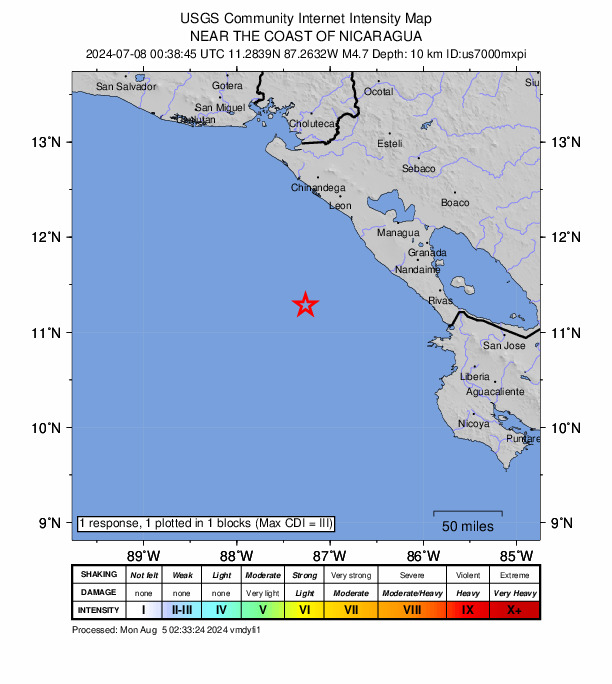 USGS DYFI community-reported intensity map for the M4.7 earthquake near 98 km SW of Masachapa, Nicaragua