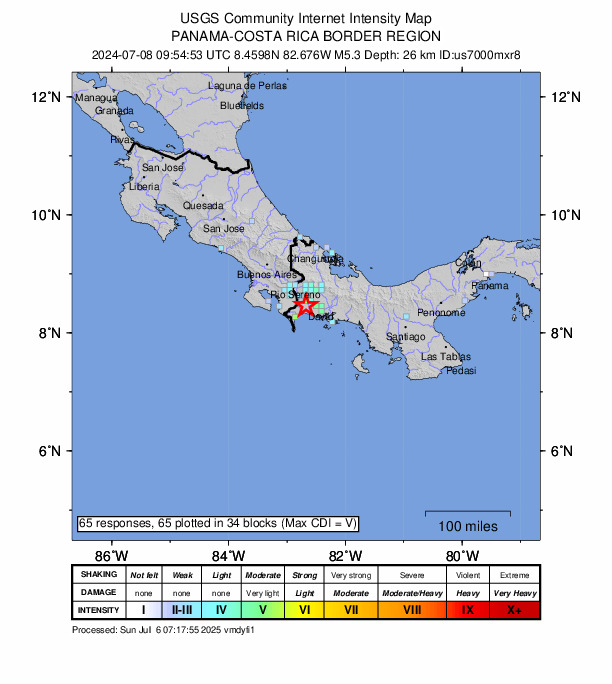USGS DYFI community-reported intensity map for the M5.3 earthquake near 2 km SSW of Sioguí Abajo, Panama