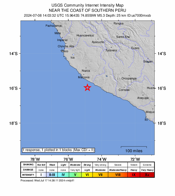 USGS DYFI community-reported intensity map for the M5.3 earthquake near 56 km WSW of Atiquipa, Peru