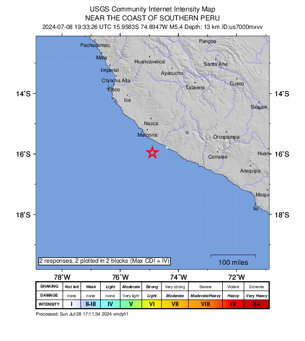 USGS DYFI community-reported intensity map for the M5.4 earthquake near 59 km WSW of Atiquipa, Peru