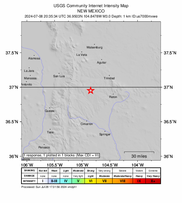 USGS DYFI community-reported intensity map for the M3.0 earthquake near 19 km S of Weston, Colorado