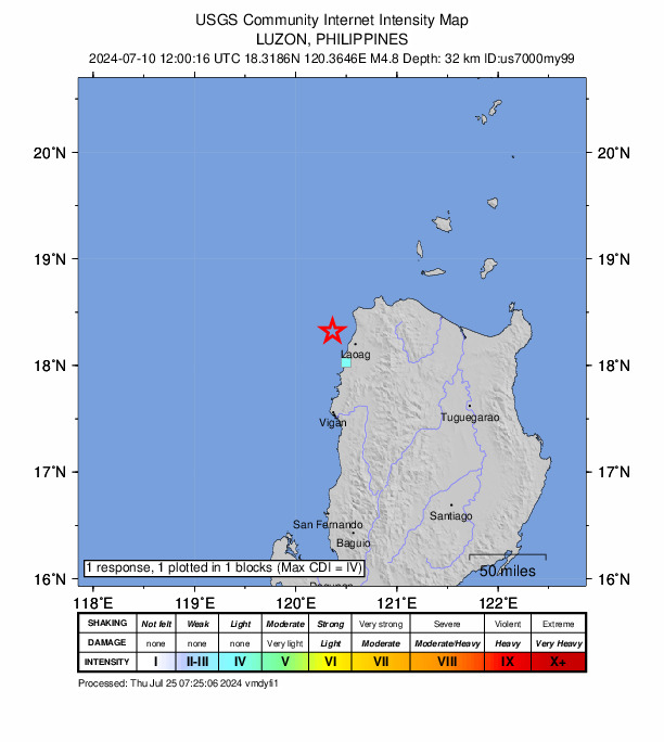 USGS DYFI community-reported intensity map for the M4.8 earthquake near 26 km W of Pasuquin, Philippines