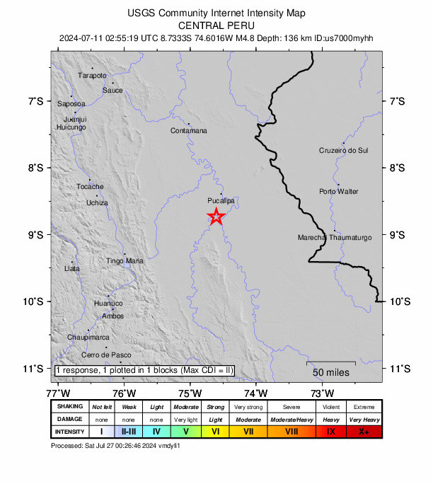 USGS DYFI community-reported intensity map for the M4.8 earthquake near 12 km ENE of Honoria, Peru