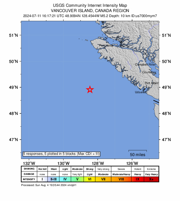 USGS DYFI community-reported intensity map for the M5.2 earthquake near 190 km W of Tofino, Canada