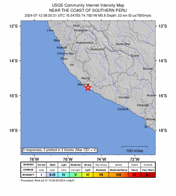 USGS DYFI community-reported intensity map for the M5.8 earthquake near 24 km SW of Acarí, Peru