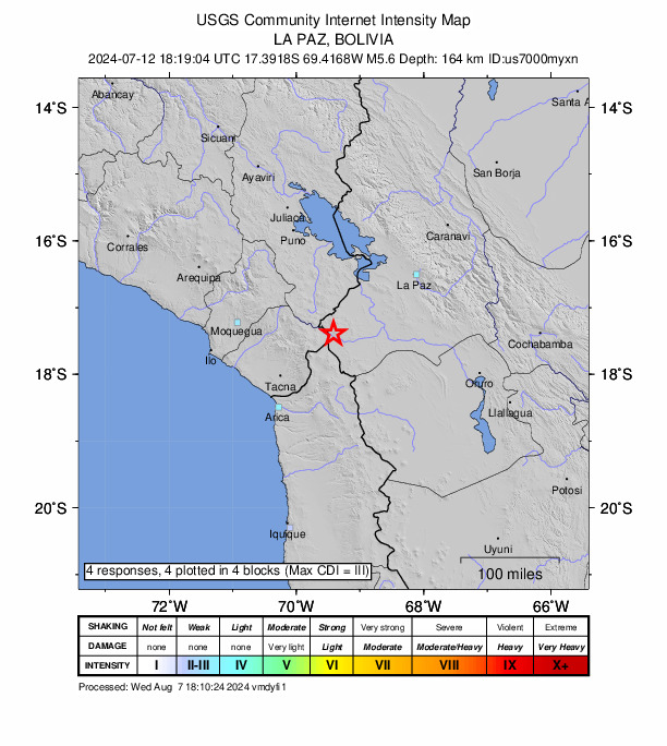 USGS DYFI community-reported intensity map for the M5.6 earthquake near 67 km E of Tarata, Peru