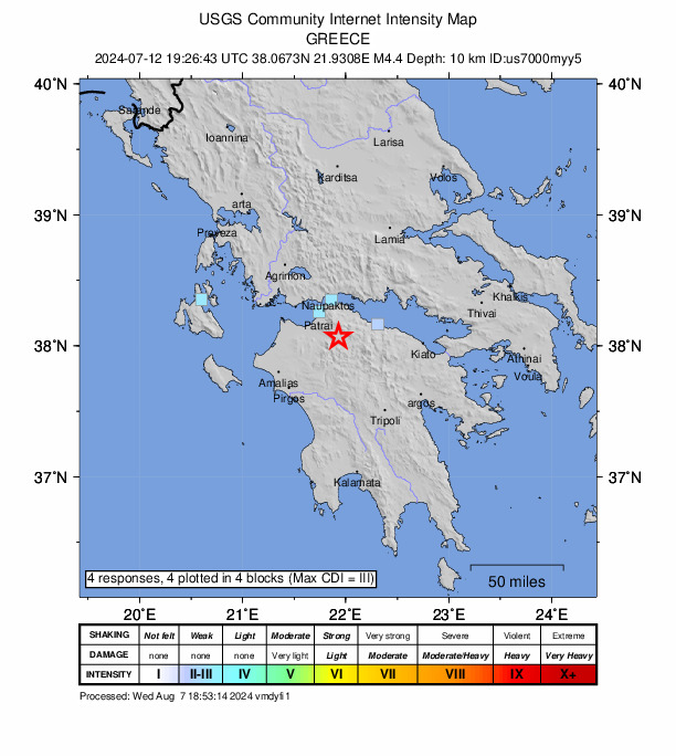 USGS DYFI community-reported intensity map for the M4.4 earthquake near 13 km ESE of Chalandrítsa, Greece