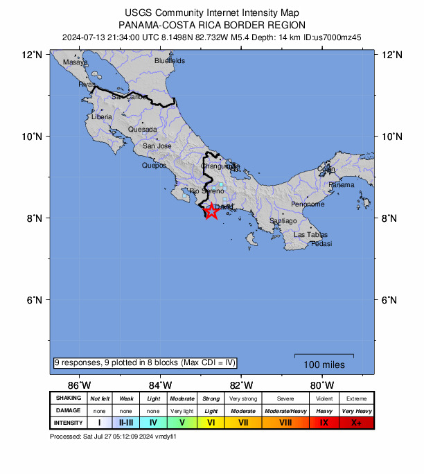 USGS DYFI community-reported intensity map for the M5.4 earthquake near 17 km ENE of Limones, Panama