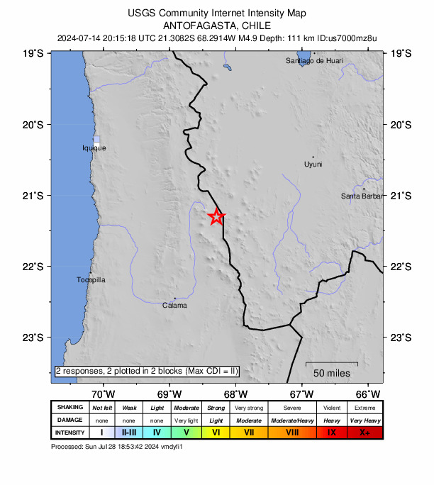 USGS DYFI community-reported intensity map for the M4.9 earthquake near 8 km SW of Ollagüe, Chile