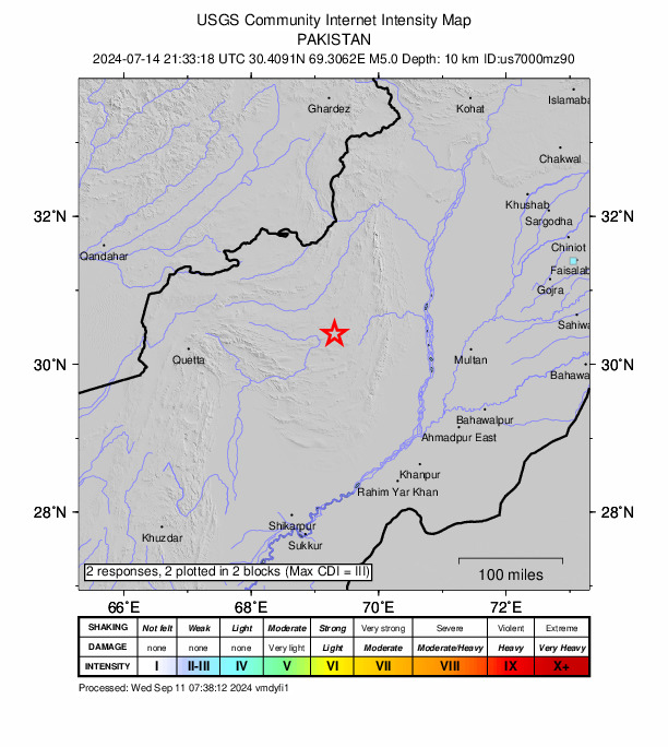 USGS DYFI community-reported intensity map for the M5.0 earthquake near 57 km N of Kohlu, Pakistan