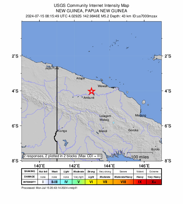 USGS DYFI community-reported intensity map for the M5.2 earthquake near 28 km NE of Ambunti, Papua New Guinea