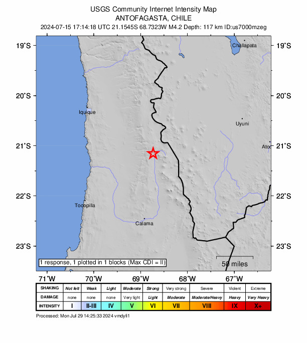 USGS DYFI community-reported intensity map for the M4.2 earthquake near 50 km W of Ollagüe, Chile