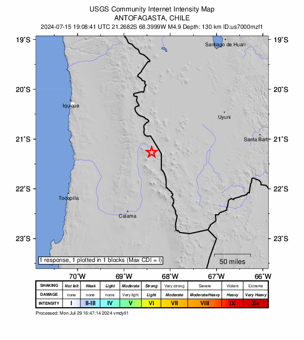 USGS DYFI community-reported intensity map for the M4.9 earthquake near 15 km WSW of Ollagüe, Chile