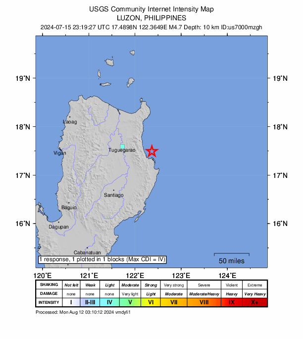 USGS DYFI community-reported intensity map for the M4.7 earthquake near 45 km N of Dicabisagan, Philippines