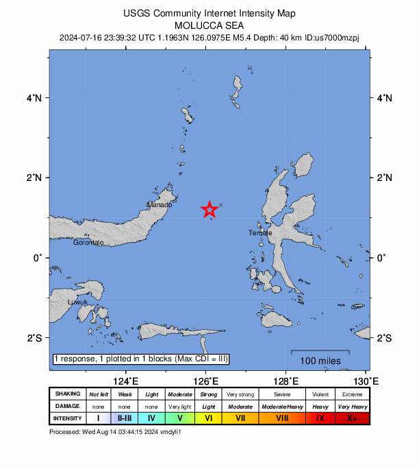 USGS DYFI community-reported intensity map for the M5.3 earthquake near 113 km ESE of Bitung, Indonesia
