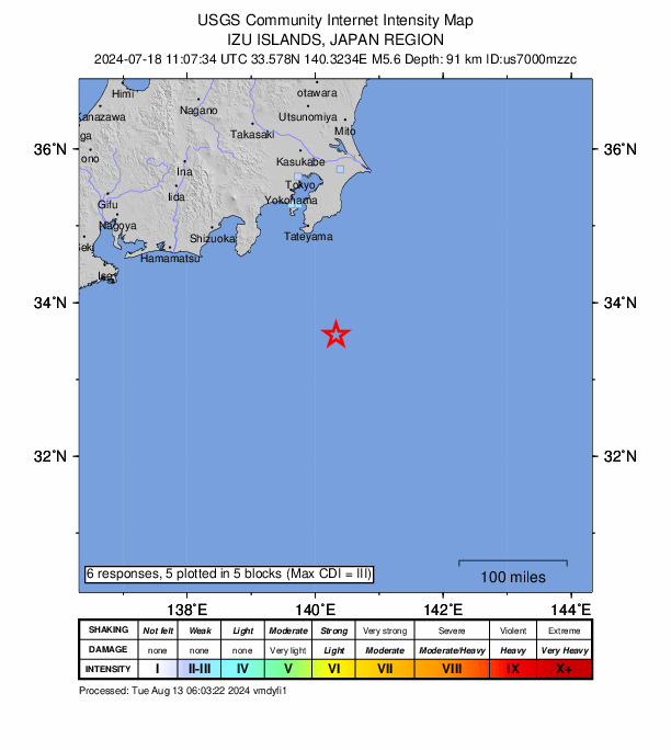 USGS DYFI community-reported intensity map for the M5.6 earthquake near 161 km SSE of Tateyama, Japan