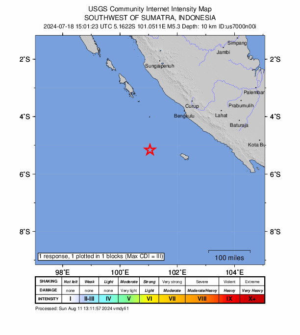 USGS DYFI community-reported intensity map for the M5.3 earthquake near 202 km SW of Bengkulu, Indonesia