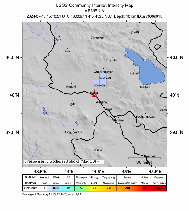 USGS DYFI community-reported intensity map for the M3.4 earthquake near 1 km SSW of Hovtashen, Armenia