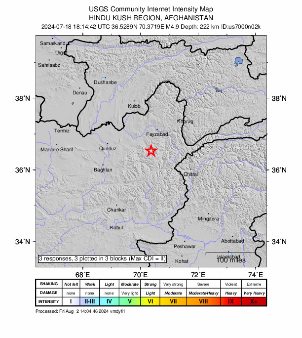 USGS DYFI community-reported intensity map for the M4.9 earthquake near 46 km E of Farkhār, Afghanistan