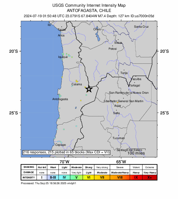 USGS DYFI community-reported intensity map for the M7.4 earthquake near 41 km ESE of San Pedro de Atacama, Chile