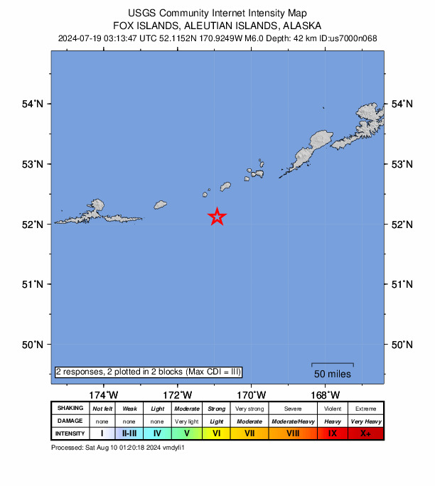 USGS DYFI community-reported intensity map for the M6.0 earthquake near 168 km SW of Nikolski, Alaska