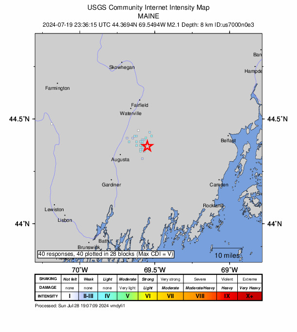 USGS DYFI community-reported intensity map for the M2.1 earthquake near 6 km NNE of Windsor, Maine