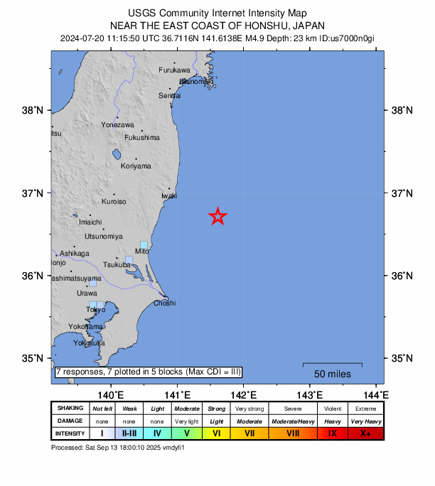 USGS DYFI community-reported intensity map for the M4.9 earthquake near 75 km ESE of Iwaki, Japan