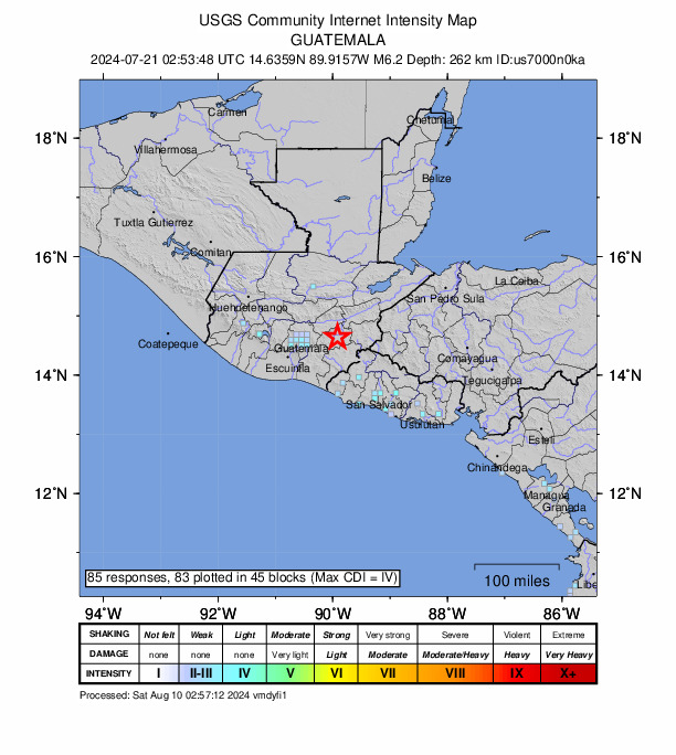 USGS DYFI community-reported intensity map for the M6.2 earthquake near 6 km E of Jalapa, Guatemala
