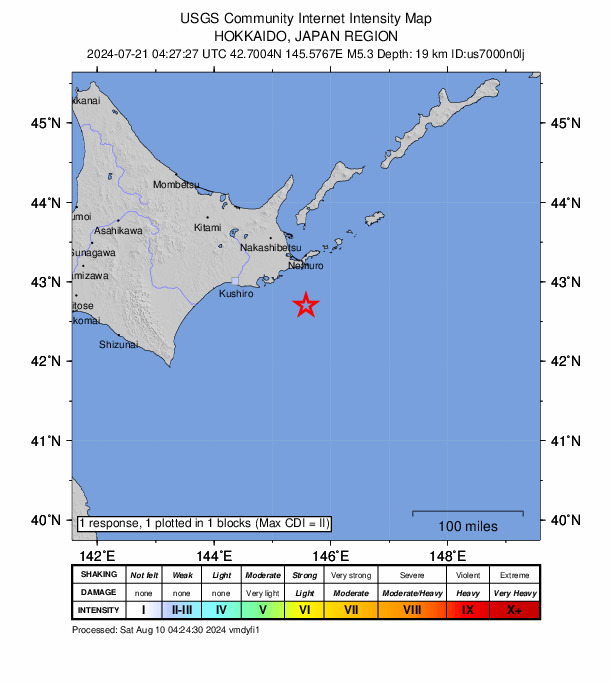 USGS DYFI community-reported intensity map for the M5.3 earthquake near 69 km S of Nemuro, Japan