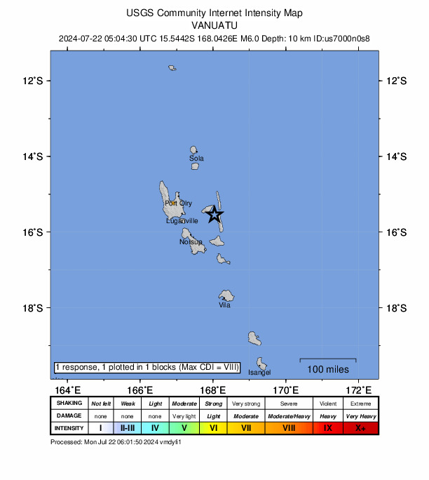 USGS DYFI community-reported intensity map for the M6.1 earthquake near 99 km NE of Norsup, Vanuatu