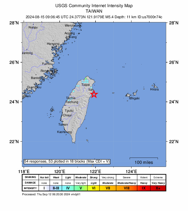 USGS DYFI community-reported intensity map for the M5.4 earthquake near 46 km SSE of Yilan, Taiwan
