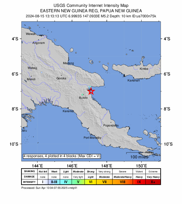 USGS DYFI community-reported intensity map for the M5.2 earthquake near 32 km SSE of Lae, Papua New Guinea