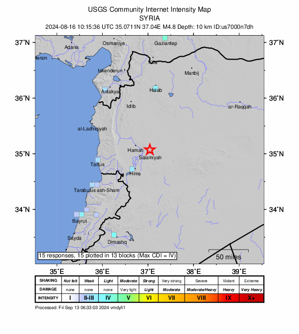USGS DYFI community-reported intensity map for the M4.8 earthquake near 5 km NNW of As Salamīyah, Syria